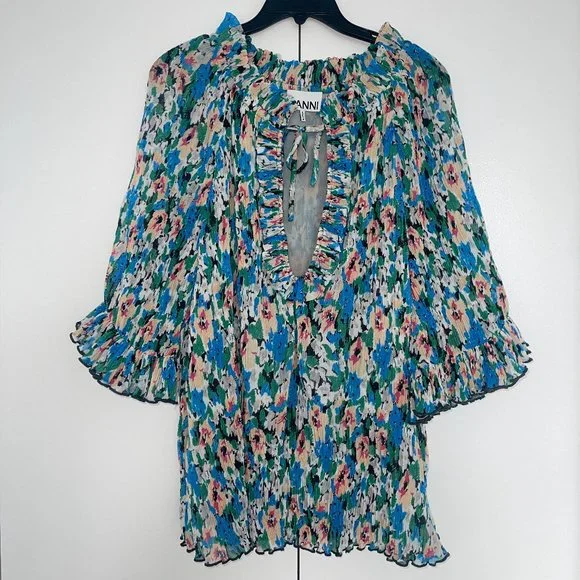 Ganni | Tops | Ganni Fr 36 Blue Floralprint Ruffle Blouse
